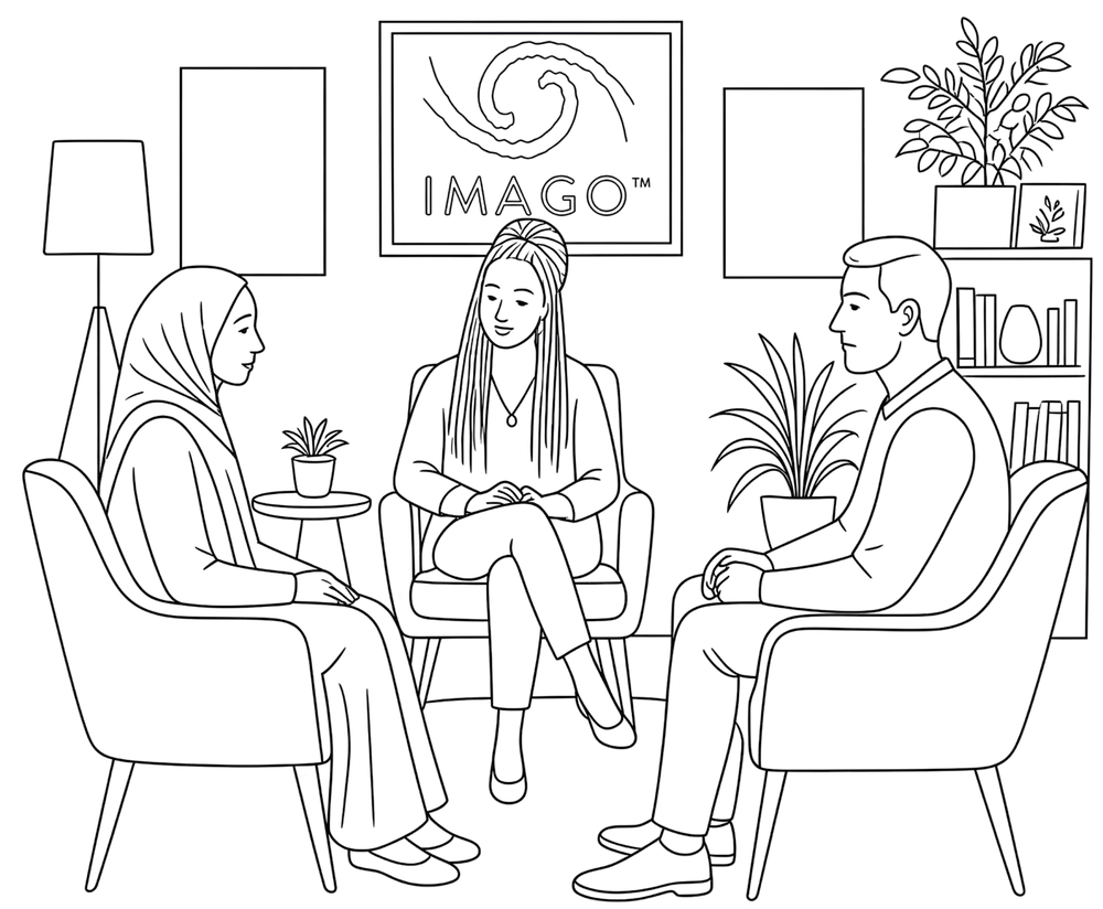 A sketch of an Imago therapy session. A sitting couple face each other. The therapist sits further back and between them forming a triangle.